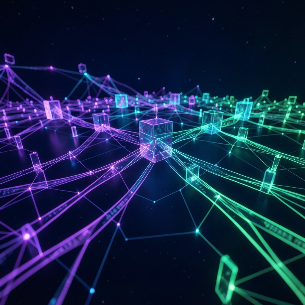 Futuristic decentralized network visualization with glowing purple and cyan nodes